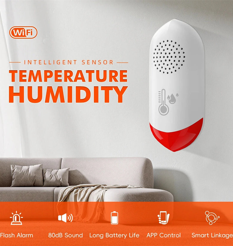 Tuya Smart WiFi Temperature Humidity Sensor 80dB Sound Light Alarm 180 Days Standby Smart Life App Remote Monitoring for Smart Home