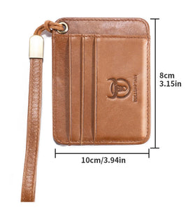 BULLCAPTAIN Men's Genuine Leather Credit Card Holder Mini RFID Protection Card Bag Thin Coin Purse with Rope