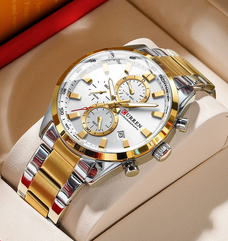 CURREN Business Men Watch Steel Band Multifunctional Chronograph Wristwatch Waterproof Round Watch, Ideal choice for Gifts
