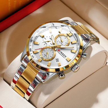 CURREN Business Men Watch Steel Band Multifunctional Chronograph Wristwatch Waterproof Round Watch, Ideal choice for Gifts
