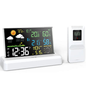 Wireless Indoor Outdoor Weather Station VA Color Screen Temperature Humidity Sensor 500 Feet Range Adjustable Backlight Dual Power Calendar Clock Moon Phase
