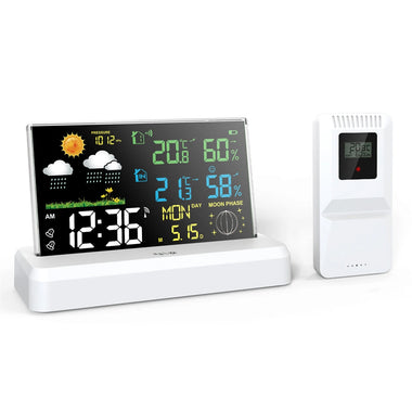 Wireless Indoor Outdoor Weather Station VA Color Screen Temperature Humidity Sensor 500 Feet Range Adjustable Backlight Dual Power Calendar Clock Moon Phase