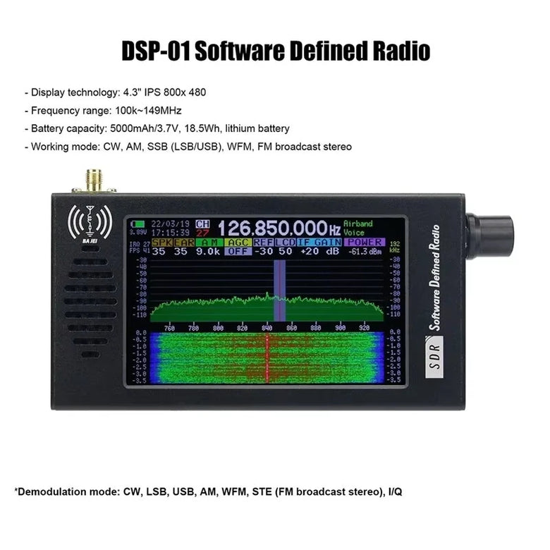 SDR-101 SDR Radio DSP Digital Demodulation Aluminium Alloy Digital Radio CW/AM/SSB/FM/WFM Radio Receiver 4.3inch IPS 800x480 LCD Display