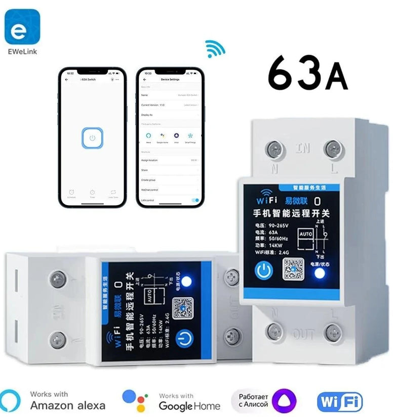 eWelink 63A Din Rail Smart Switch Relay APP Remote Control Timer Inching Function 2P Circuit Breaker Switch  Works with Alexa Google