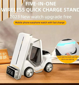5 in 1 Wireless Fast Charger Phone Holder With Alarm Clock Time For iPhone 16 15 14 13 12 Pro Max Apple Watch 10 9 8 7 6 AirPods Pro 15W Fast Charging