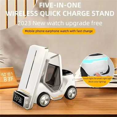 5 in 1 Wireless Fast Charger Phone Holder With Alarm Clock Time For iPhone 16 15 14 13 12 Pro Max Apple Watch 10 9 8 7 6 AirPods Pro 15W Fast Charging
