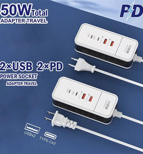 PD50W 4-Port Power Strip Dual USB+Dual Type-C PD QC3.0 Fast Charging Travel Charger Adapter EU Plug US Plug for iPhone 15 14 13 Pro for Huawei Nova Flip for Xiaomi MIX Fold4 for Samsung Galaxy Z Flip6