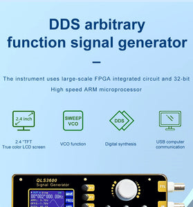 QLS3600S Signal Generator 0-30MHz High Stability Multiple Waveforms USB Interface Frequency Sweep VCO Burst DC 5V Power Amplitude Control