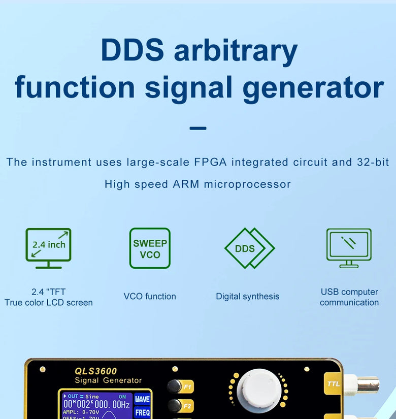 QLS3600S Signal Generator 0-30MHz High Stability Multiple Waveforms USB Interface Frequency Sweep VCO Burst DC 5V Power Amplitude Control