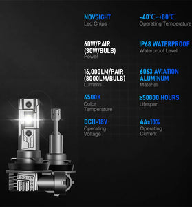 NovSight T11 LED Headlight Bulb 60W Pair 16000LM 6500K White Light IP68 Waterproof Automotive Headlights High Brightness Bulbs Long Lifespan Easy Install Aviation Aluminum