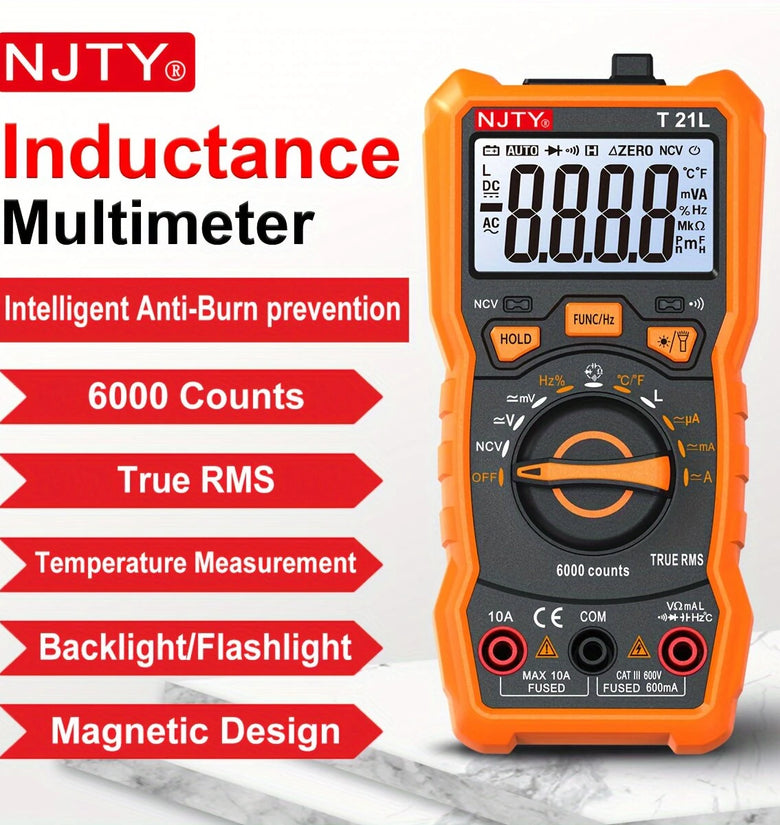 NJTY T21D T21L Multimeter 6000 Counts Auto Range AC DC Voltage Current Resistance Capacitance Temperature Inductance Measurement True RMS Test Tool