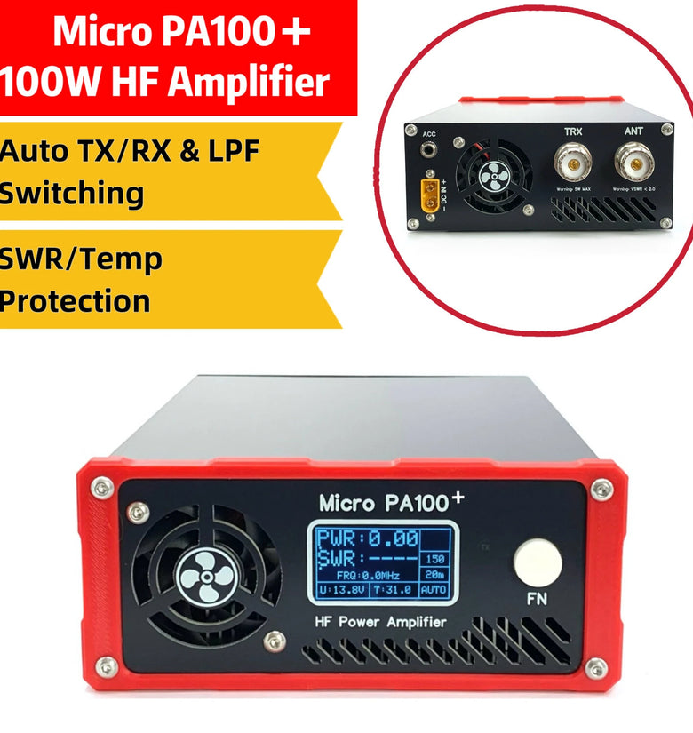 Micro PA100 100W HF Amplifier Auto TX/RX & LPF Switching SWR/Temp Protection Compatible with ICOM/YAESU/XIEGU