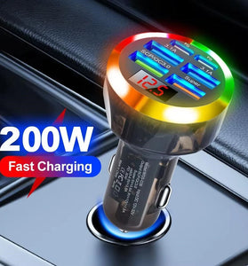 Transparent Car Charger 200W 6 Port USB QC3.0 PD Super Fast Charging Voltage Display LED Light for iOS Galaxy Devices 12V 24V