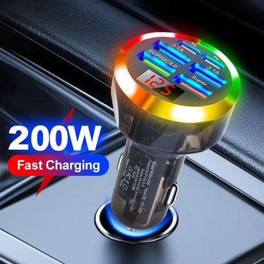 Transparent Car Charger 200W 6 Port USB QC3.0 PD Super Fast Charging Voltage Display LED Light for iOS Galaxy Devices 12V 24V