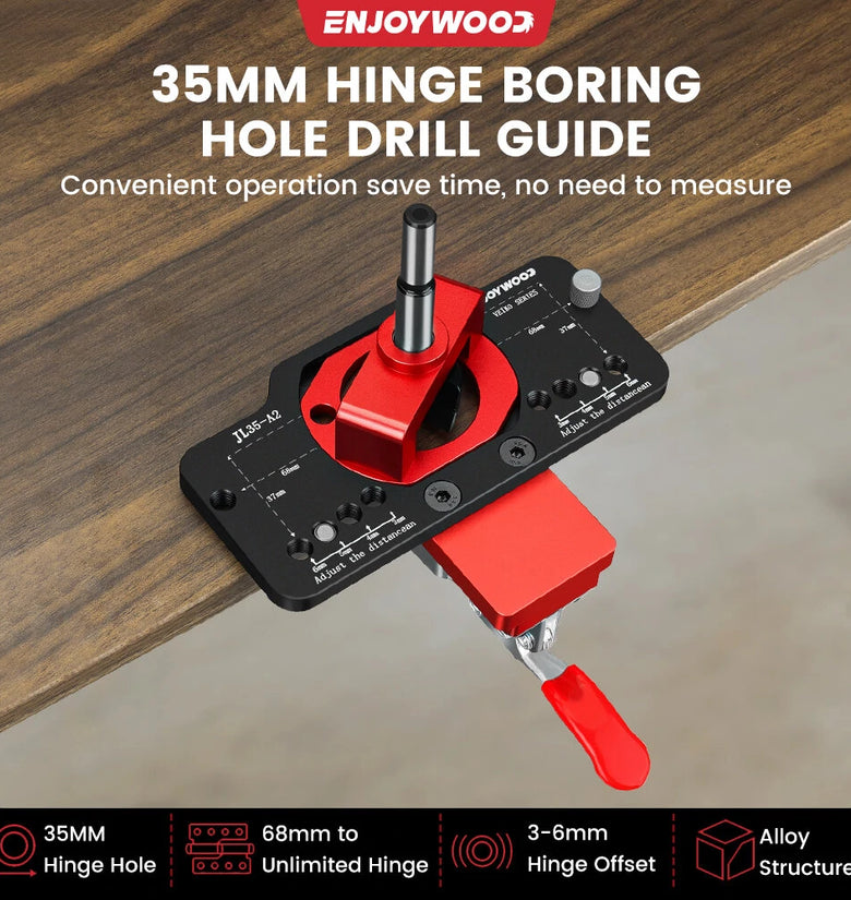 ENJOYWOOD Aluminum Alloy 35MM Hinge Boring Hole Drill Guide Hinge Jig with Clamp For Woodworking Cabinet Door Installation