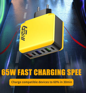 65W 6-Port USB PD Charger 3USB-A+3USB-C PD QC3.0 Fast Charging Wall Charger Adapter EU Plug US Plug for iPhone 16 16 Pro 15 14 13 Pro Max for Samsung Galaxy Z Flip 6 for Huawei Mate XT