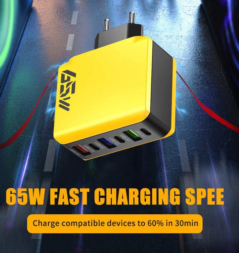 65W 6-Port USB PD Charger 3USB-A+3USB-C PD QC3.0 Fast Charging Wall Charger Adapter EU Plug US Plug for iPhone 16 16 Pro 15 14 13 Pro Max for Samsung Galaxy Z Flip 6 for Huawei Mate XT