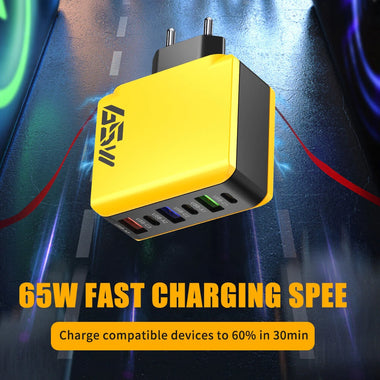 65W 6-Port USB PD Charger 3USB-A+3USB-C PD QC3.0 Fast Charging Wall Charger Adapter EU Plug US Plug for iPhone 16 16 Pro 15 14 13 Pro Max for Samsung Galaxy Z Flip 6 for Huawei Mate XT