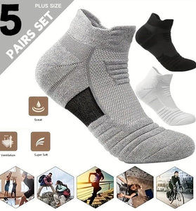 5 Pairs Men's Sports Socks, Towel Basketball Socks, Wicking Sweat Breathable Running Cycling Socks, High Elastic Outdoor Activities Ankle Socks