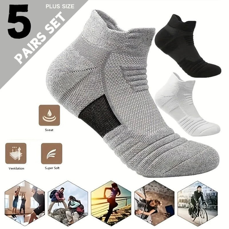 5 Pairs Men's Sports Socks, Towel Basketball Socks, Wicking Sweat Breathable Running Cycling Socks, High Elastic Outdoor Activities Ankle Socks