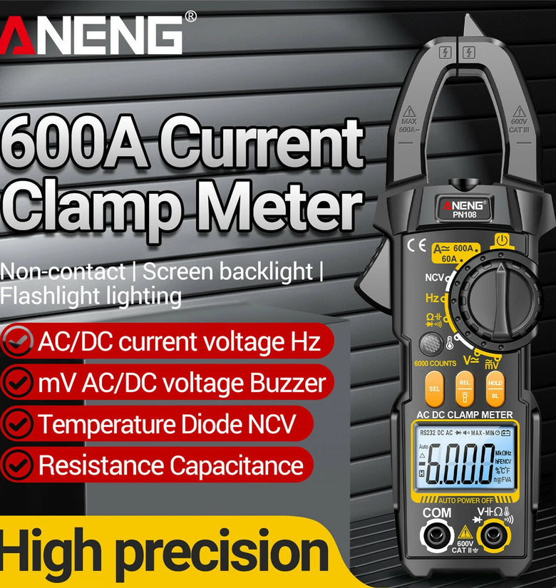 NEW ANENG PN108 Clamp Meter High-Precision AC/DC Voltage Current Tester 600A 600V Auto Power Off Backlit Display