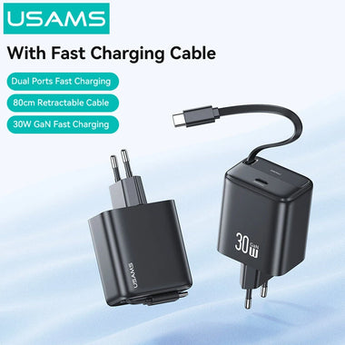 [GaN Tech] USAMS CC241 30W 2-Port USB Charger Built-in Type-C Telescopic Cable PD QC Fast Charging Wall Charger Adapter EU Plug for iPhone 16 16 Pro 15 Pro Max for Samsung Galaxy Z Flip6 for Xiaomi MIX Fold4