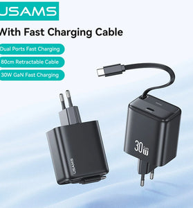 [GaN Tech] USAMS CC241 30W 2-Port USB Charger Built-in Type-C Telescopic Cable PD QC Fast Charging Wall Charger Adapter EU Plug for iPhone 16 16 Pro 15 Pro Max for Samsung Galaxy Z Flip6 for Xiaomi MIX Fold4