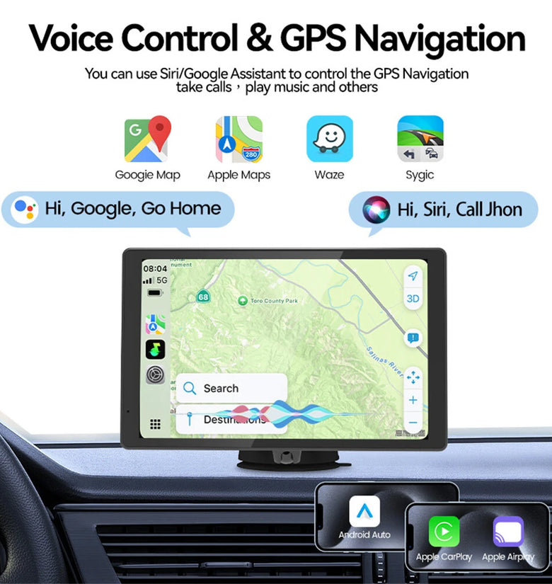 8 Inch IPS 4K HD Touch Screen Wireless Portable Carplay Android Auto Display Dual Lens Dash Cam Wifi BT Player with Magnetic Bracket