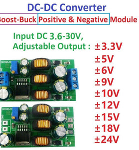 DC-DC Boost Buck Converter Module Dual Polarity Output Adjustable DC3.6-30V to 5V/6V/9V/10V/12V/15V/24 Overload Protection for Audio Amplifier Car Stereo Power Supply