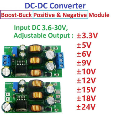 DC-DC Boost Buck Converter Module Dual Polarity Output Adjustable DC3.6-30V to 5V/6V/9V/10V/12V/15V/24 Overload Protection for Audio Amplifier Car Stereo Power Supply
