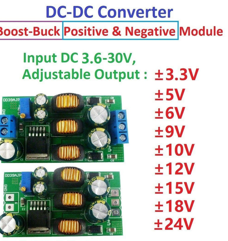 DC-DC Boost Buck Converter Module Dual Polarity Output Adjustable DC3.6-30V to 5V/6V/9V/10V/12V/15V/24 Overload Protection for Audio Amplifier Car Stereo Power Supply