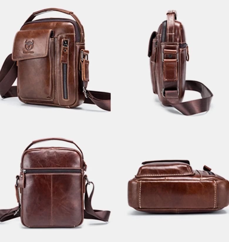 BULLCAPTAIN Genuine Leather Business Messenger Bag Retro Mini Vintage Shoulder Bag Crossbody Bag for Men Multi-functional Leather Mobile Phone Bags