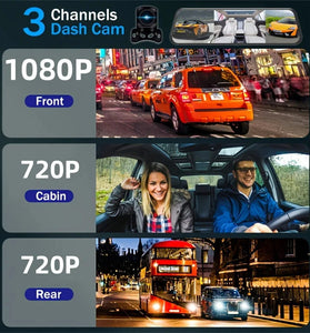 9.66 Inch Car Dash Camera Three-Way Recording 1080P Front 720P Interior 720P Rear Wide Angle WiFi G-Sensor 128GB Support H.264 Video Compression