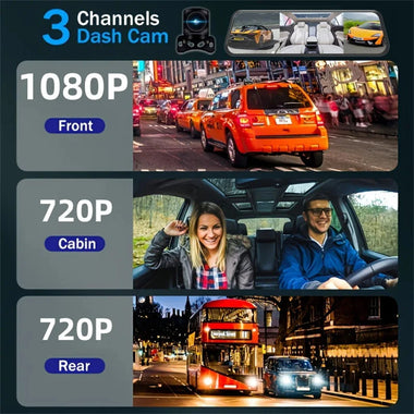 9.66 Inch Car Dash Camera Three-Way Recording 1080P Front 720P Interior 720P Rear Wide Angle WiFi G-Sensor 128GB Support H.264 Video Compression