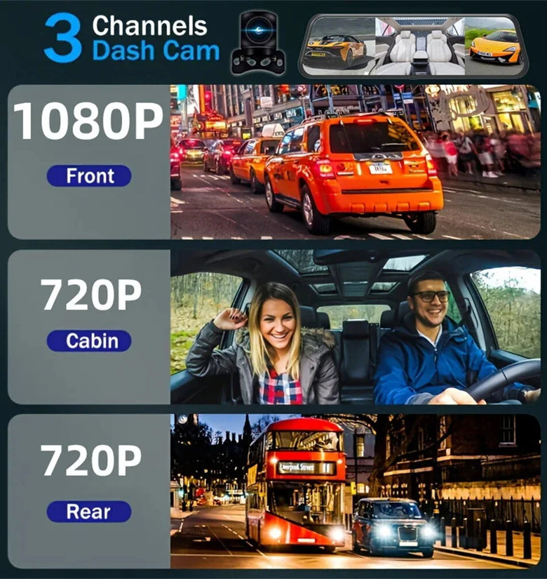 9.66 Inch Car Dash Camera Three-Way Recording 1080P Front 720P Interior 720P Rear Wide Angle WiFi G-Sensor 128GB Support H.264 Video Compression