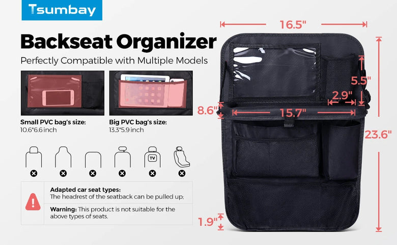 Tsumbay 2pcs Foldable Car Seat Back Storage Bag with Pockets and Tray Oxford Cloth Set