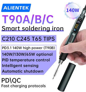 ALIENTEK T90 140W Adjustable Temperature Soldering Iron Type-C Fast Charging 80-450C High Precision Portable Soldering Tool IPS LCD Display 9-28V PD QC Protocol