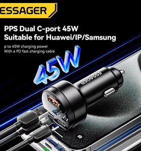 ESSAGER FSJ-008 105W 3-Port USB PD Car Charger Adapter USB-A+2USB-C PD PPS Fast Charging with Blue LED for iPhone 16 16Pro 15 14 13 for Xiaomi 15pro for Samsung Galaxy S25 Ultra for Huawei Mate 70