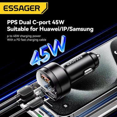ESSAGER FSJ-008 105W 3-Port USB PD Car Charger Adapter USB-A+2USB-C PD PPS Fast Charging with Blue LED for iPhone 16 16Pro 15 14 13 for Xiaomi 15pro for Samsung Galaxy S25 Ultra for Huawei Mate 70