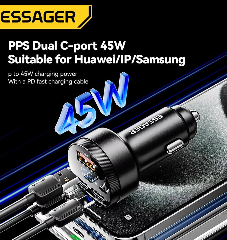 ESSAGER FSJ-008 105W 3-Port USB PD Car Charger Adapter USB-A+2USB-C PD PPS Fast Charging with Blue LED for iPhone 16 16Pro 15 14 13 for Xiaomi 15pro for Samsung Galaxy S25 Ultra for Huawei Mate 70