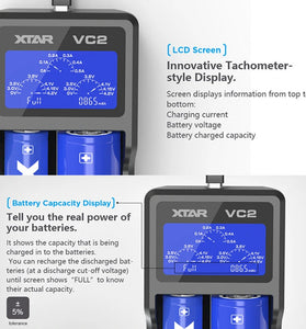 XTAR VC2 18650 Battery Charger Test Batteries Capacity Display USB Charger For 10400-26650 Li-Ion Battery 21700 18650 Charger