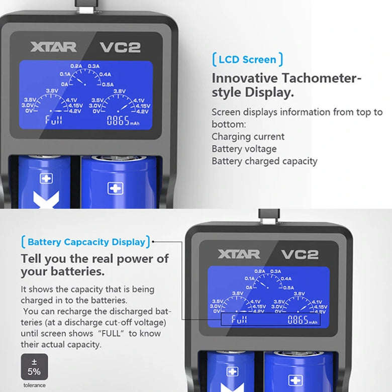 XTAR VC2 18650 Battery Charger Test Batteries Capacity Display USB Charger For 10400-26650 Li-Ion Battery 21700 18650 Charger