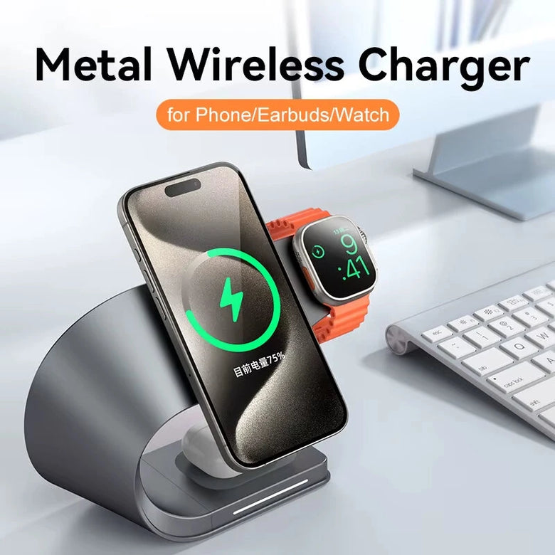 4 in 1 Wireless Magnetic Charger Metal Shell Fast Wireless Charging Station Stand Dock for Smart Phone for iPhone 17 17Pro 16 15 Pro Max for SAMSUNG for XIAOMI for Apple Watch for Airpods