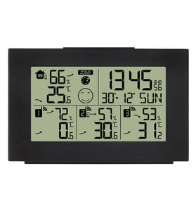 One for Three Digital Thermometer Hygrometer Alarm Clock Wireless Indoor Weather Station Dual Alarm Clock Electronic Calendar with 3 Wireless Sensor Home Temperature Humidity Sensor