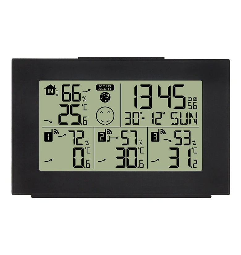 One for Three Digital Thermometer Hygrometer Alarm Clock Wireless Indoor Weather Station Dual Alarm Clock Electronic Calendar with 3 Wireless Sensor Home Temperature Humidity Sensor