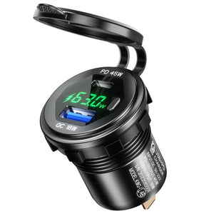 12-24V 63W Metal Car Charger Socket 45W PD + 18W QC3.0 with LED Voltage/Power Display ON/OFF Switch for SUV Motorcycle Truck Boat ATV