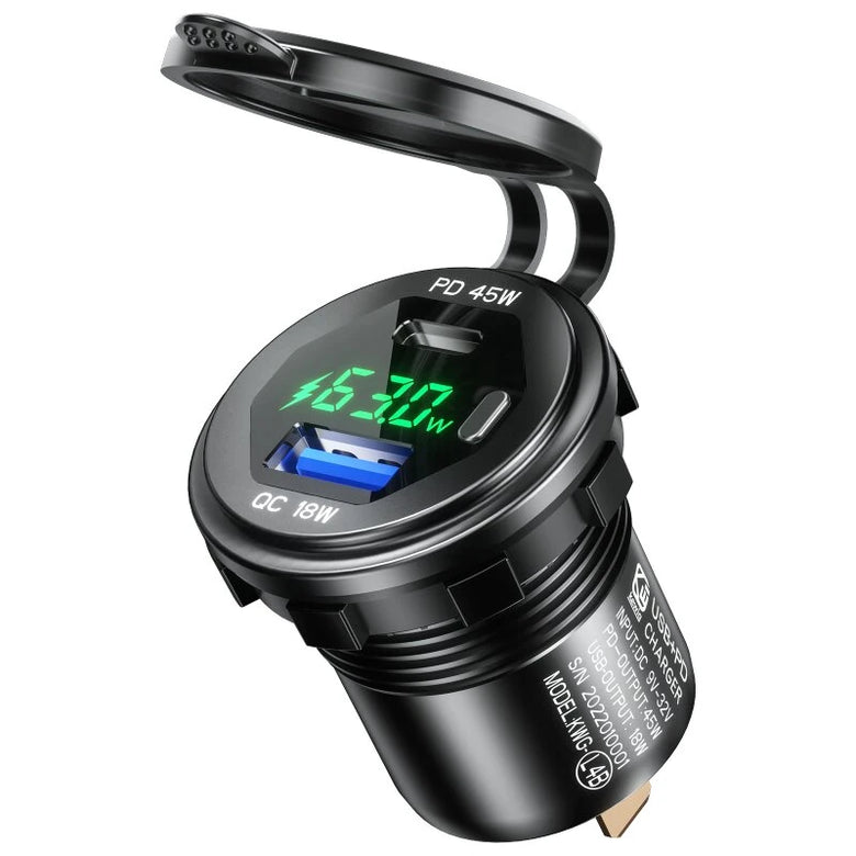 12-24V 63W Metal Car Charger Socket 45W PD + 18W QC3.0 with LED Voltage/Power Display ON/OFF Switch for SUV Motorcycle Truck Boat ATV