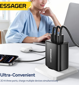 [GaN Tech] ESSAGER RC65WCF 65W 3-Port USB PD Charger USB-A+2USB-C PD3.0 QC4.0 PPS Fast Charging Wall Charger Adapter EU Plug for iPhone 17 17Pro Max 16 15 14 for Xiaomi 17pro for Huawei Mate XTs for SAMSUNG for OPPO