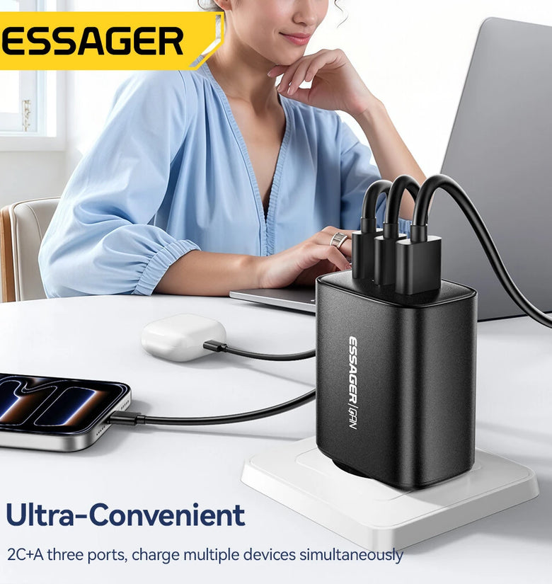[GaN Tech] ESSAGER RC65WCF 65W 3-Port USB PD Charger USB-A+2USB-C PD3.0 QC4.0 PPS Fast Charging Wall Charger Adapter EU Plug for iPhone 17 17Pro Max 16 15 14 for Xiaomi 17pro for Huawei Mate XTs for SAMSUNG for OPPO