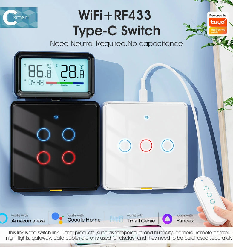 SMATRUL Tuya Wireless WiFi RF433 Smart Home Wall-mounted Light Switch Touch Panel Control Switches Timing Function Remote APP Control Voice Control with Alexa Google Assistant Yandex Tmall Genie